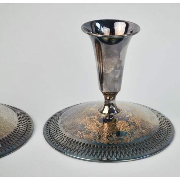 Vintage B. M. Co. Brocade 2241 Pierced Embossed Candlesticks Pair Silverplate Be - Picture 2 of 8